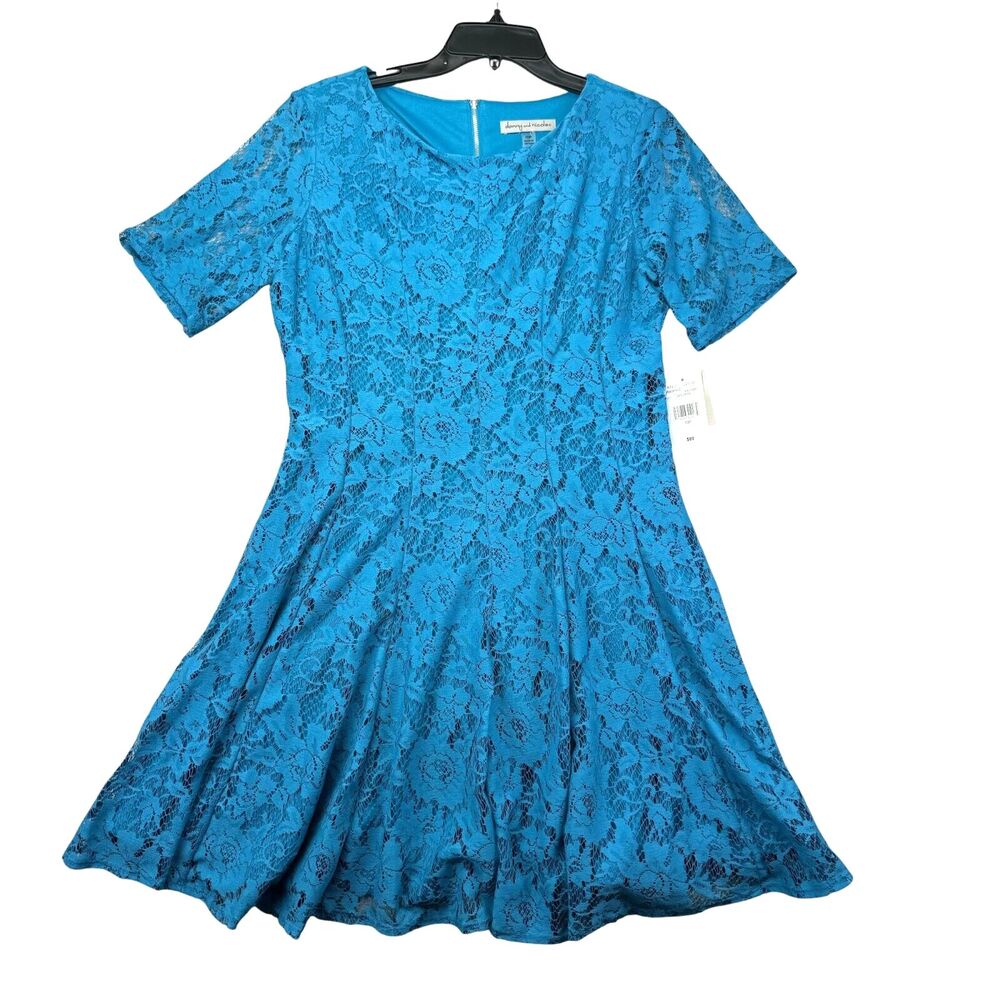 Danny Nicole Dress Women's 10 Petite Blue Short Sleeve Fit Flare Floral Lace NWT